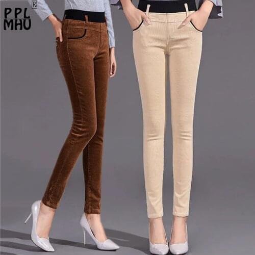 Elastic High Waist Corduroy Pencil Pants Women Office Lady Skinny Skim Trousers Female Patchwork Casual Pants Spring Autumn
