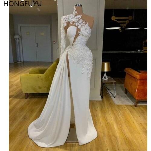 HONGFUYU Exquisite Lace White Evening Dresses Long High Neck Arabic فساتين حفلة موسيقية Side Slit One Shoulder Prom Party Gowns