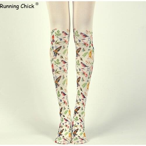 RUNNING CHICK Garden Flowers And Birds Print Fresh Pantyhose Wholesales