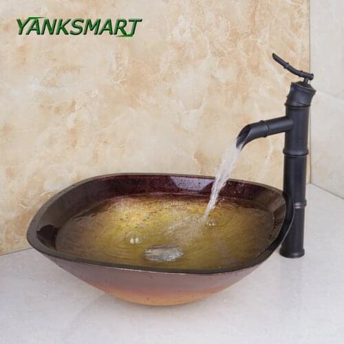 YANKSMART Bathroom Square Bamboo Style Tempered Glass Paint Washbasin Faucet Lavatory Basin Sink Combine Faucets Mixer Water Tap