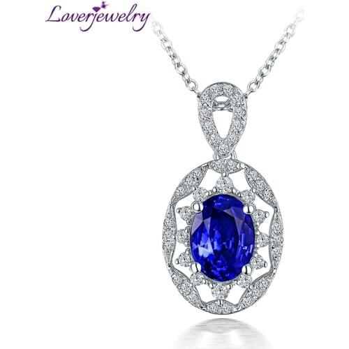LOVERJEWELRY Oval Natural Blue Tanzanite Pendant Necklace Solid 14Kt 585 White Gold Sun Shape Diamond Jewelry Daughter Necklace