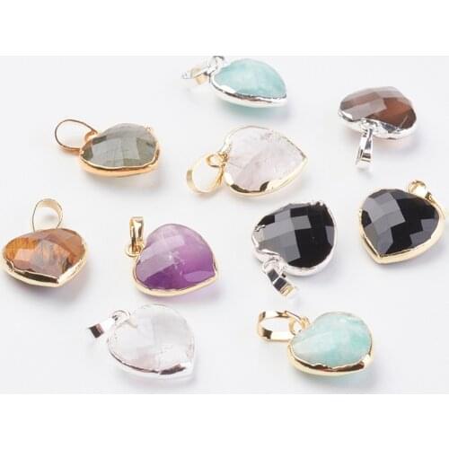 10pcs Natural Semi-precious Stone Pendants, with Brass Findings, Faceted, Heart, Mixed Color, 14~15x12~12.5x4.5~5.5mm