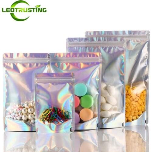Leotrusting Translucent Stand up Laser Zip Lock Bags Clear Front Hologram Silver Bags Food Coffee Dried Fruits Powder Candy Bags