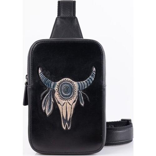 Handmade Top layer Leather Women Men Vegetable Tanned Leather Shoulder Bag Cowhide Hand-carved Sheepshead Handbag