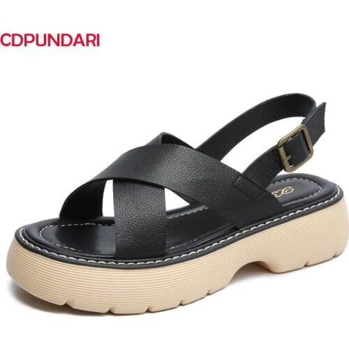 Black Genuine Leather Flat Platform Sandals Women Summer Casual Party Shoes Sandales Femmes 2021 Sandalias Mujer