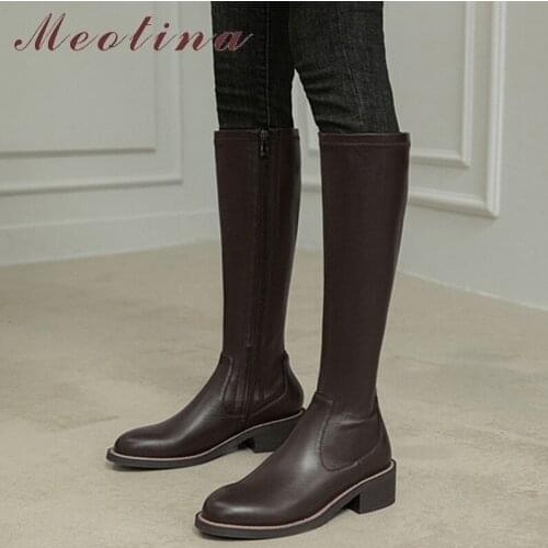 Meotina Women Shoes Genuine Leather Knee High Boots Thick Med Heel Riding Boots Round Toe Zipper Ladies Boots Autumn Winter 40