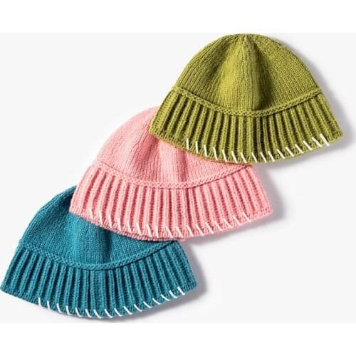 Woolen Hat Women Korean Autumn Beanie Hat Fashion Monochrome Stitching Winter Knitted Hat Cold Hat
