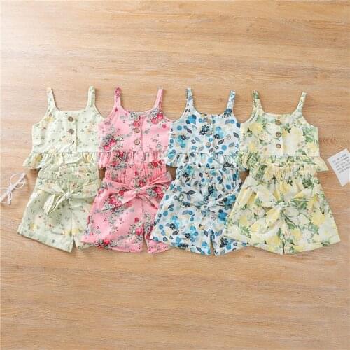 1-5 Years Infant Girls Floral Print Clothes Set Sleeveless Ruffle Hem Cropped Tops Short Skirt With Bow-Knot Girls Summer Suits