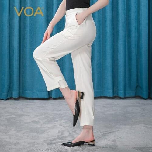 VOA 36m/m white silk natural waist buckle pan foot mouth inclined pocket micro elastic simple straight pants KE188