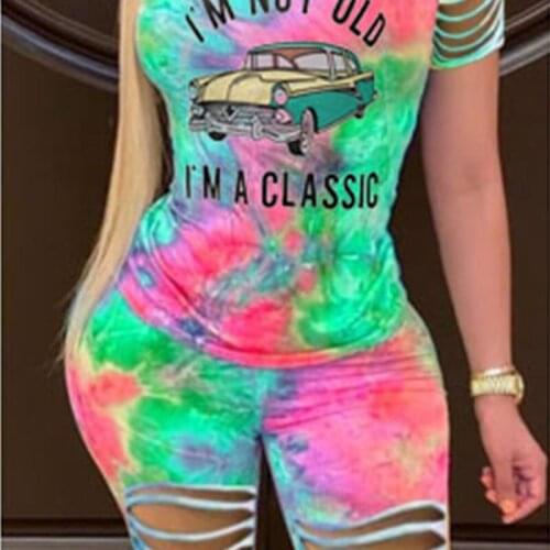 I'M NOT OLD,I'M A CLASSIC Letter Women Outfit 2021 Summer Short Sets Plus Size Ribbon Sleeves Tie Dye Tee Tops T Shirt + Shorts