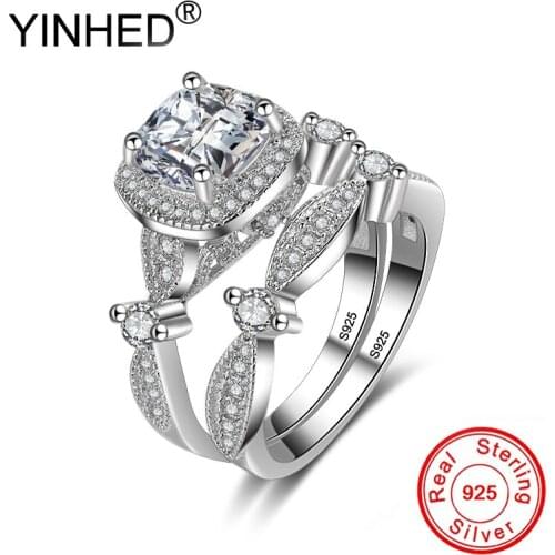 YINHED 2pcs Princess Square Cubic Zirconia Wedding Bands Ring Set for Women 925 Sterling Silver Engagement Jewelry Ring ZR538