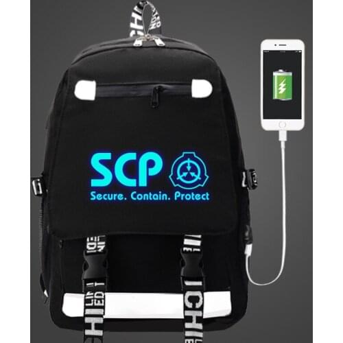 SCP Secure Contain Protect Backpack USB Bag travel School Luminous Book Bag USB teenagers Laptop Zipper bag Glow in the dark