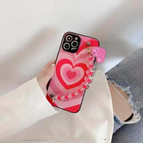Pink Cute Love Heart Crystal Bracket Hand Chain Case Cover For iPhone 12 11 Pro XS Max X XR 7 8 Plus SE Epoxy Protective Shell