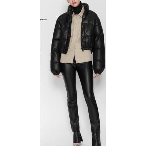 Women Padded Pu Coat Punk Streetwear Parka Jacket Warm Croped Long Sleeve Girls Outwear Zoravicky Motorcycle Black Short Jacket