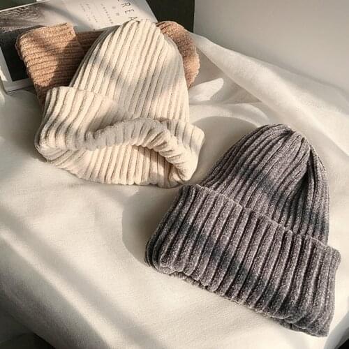 Women Winter Double Layer Thicken Chenille Velvet Beanie Hat Ribbed Knitted Simple Solid Color Cuffed Skull Cap Outdoor Warmer