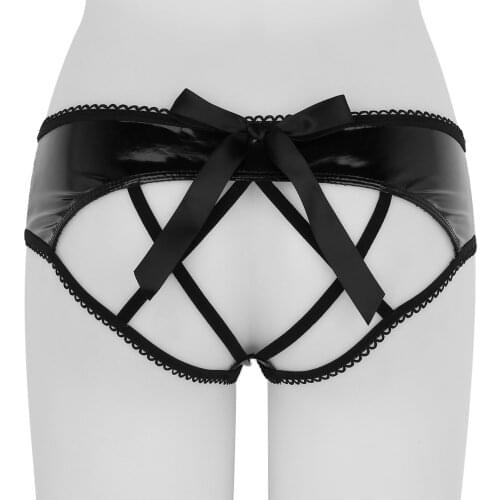 Women Sexy Panties Hollow Out Cage-Back Hipster Panty Lingerie Wet Look Faux Leather Bowknot Open Butt Crotchless Underwear