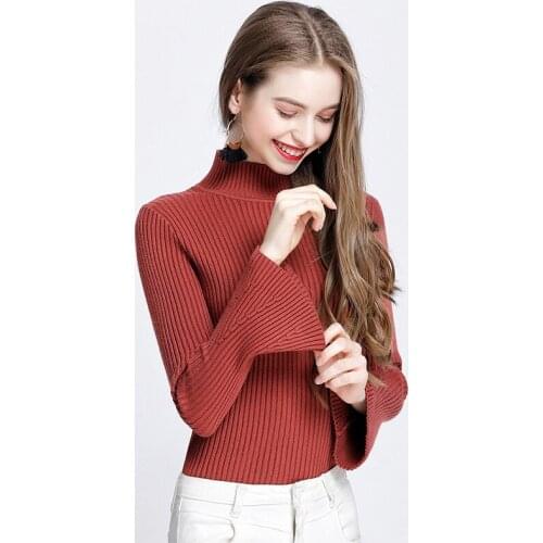 Womens Knitted Bottoming Sweater Spring Autumn 7 Color Half High Collar Flared Sleeves Slim European American Ladies Pullovers