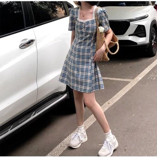 Dress Ladies Plaid Short Sleeve Waist Waist Fashion Casual Sweet Korean Fashion Students All-match