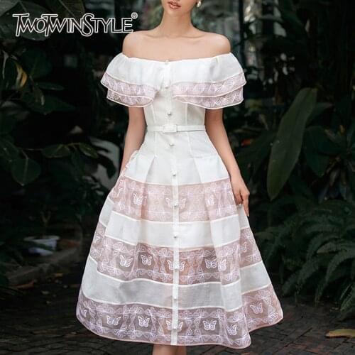 TWOTWINSTYLE Elegant Patchwork Embroidery Dress For Women Slash Neck Short Sleeve High Waist A Line Midi Dresses Females Stylish