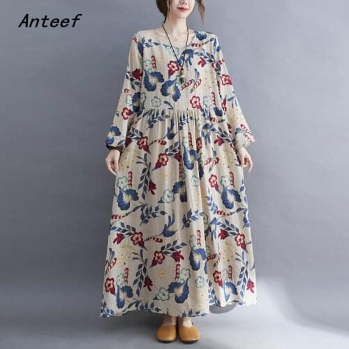 Long sleeve cotton vintage floral dresses for women casual loose long woman summer spring autumn dress elegant clothes 2021