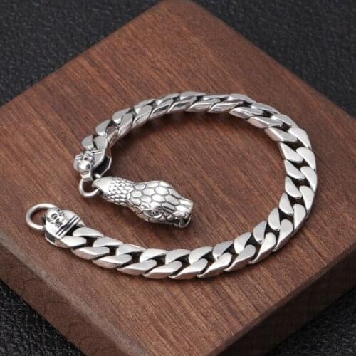 100% 925 Sterling Silver 8mm 20cm Miami Cuban Chain Bracelets For Women Men Fine Jewelry Solid Snake Head Clasp Bracelet