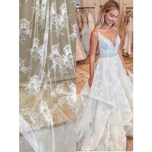 5 Yards /lot Off WhiteTulip floral embroidery chantilly lace fabric for bridal gown wedding gown boho beach dress inspiration