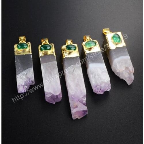 BOROSA 10Pcs/lot Gold Color Ntural Purple Crystal Crystal Point Bar&Cats Eye Beads Pendants WX010