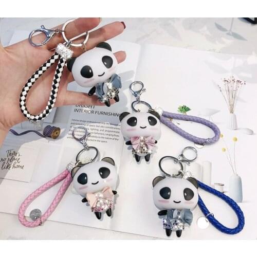 Cartoon Cute Rhinestone Animal Panda Keychain Creative Woven Leather Rope Key Chain Bag Pendant Ornament Accessories Friend Gift