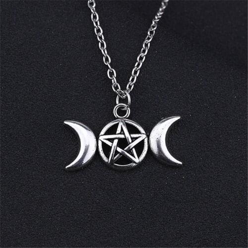 Triple Moon Goddess Wicca Witchcraft Pentagram Necklace Charms Moon Pentagram Pendant Jewelry Metal Alloy Jewelry