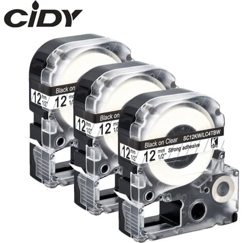 CIDY 3pcs Compatible 12mm tape ST12KW black on clear labeling tape used for KingJim LabelWorks LW300 lw400