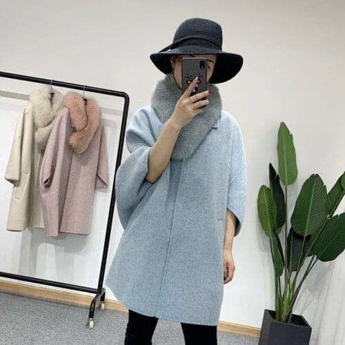Fox Fox Collar Double-Faced Woolen Cape Coat Batwing Sleeve Women New Korean Style Loose Winter Cashmere Woolen Overcoat