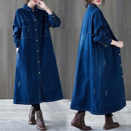 Denim Shirt Dress Women Spring Fashion Single-breasted Turn-down Collar Long Sleeve Black Jeans Dress Lady Big Size Long Dresses
