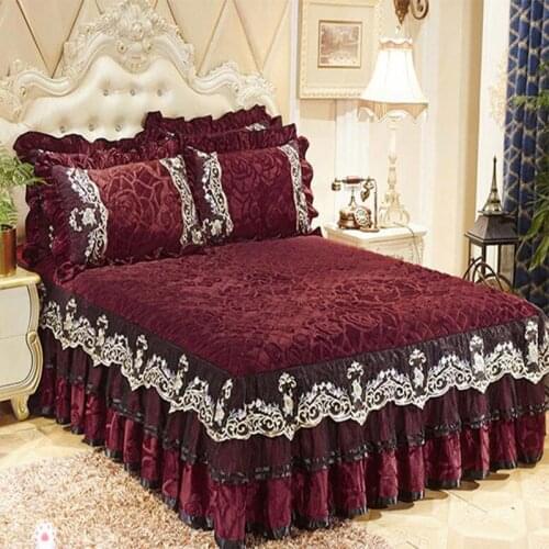 Crystal Velvet Lace Skirted Bed Cover 3pcs Quality Thick Cotton Bedspread European Style Slip-proof Bedclothes Free Shipping