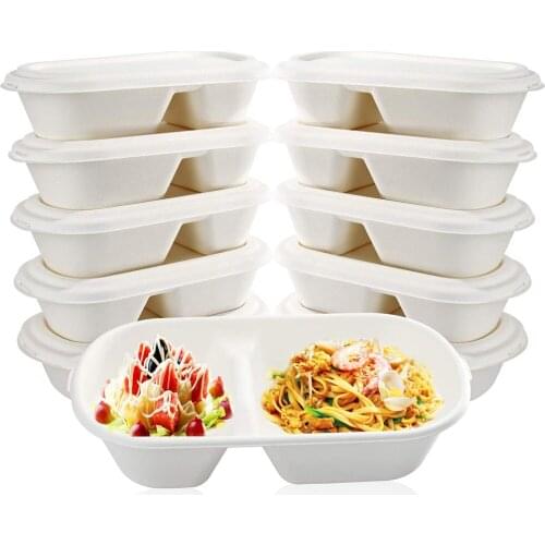50Pcs Disposable Bento Boxes Sugar Cane Fiber Compostable 2 Compartments Microwave Lunch Boxes Portable Food Storage Containers