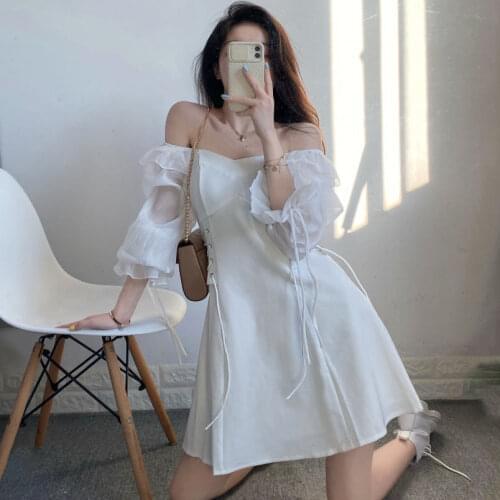 Korean Solid Sweet Dress Women Elegant Bandage Puff Sleeve Kawaii Dress Outdoor Holiday Square Collar Dress Summer New