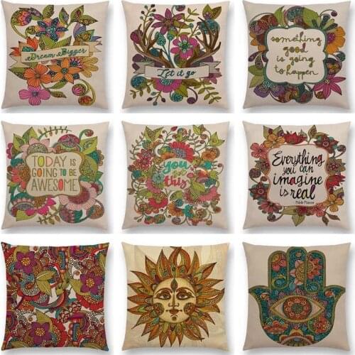 Hinduism linen Cushion Cover Gorgeous Mandalas Floral Pattern Sun Flower Decorative Warm Letters Sofa Pillowcase Polyester 45cm