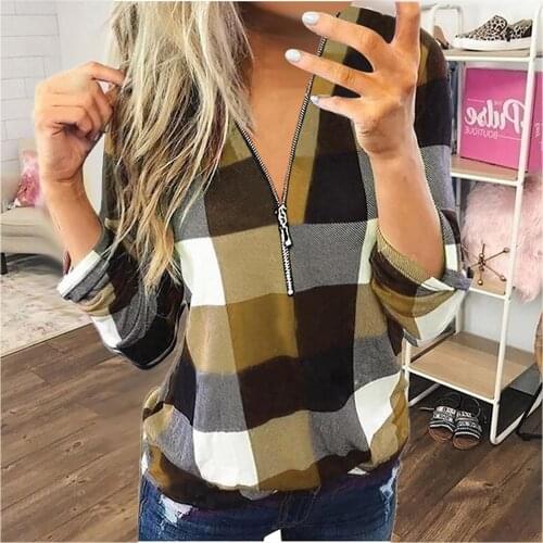Fashion Women Zip Long Sleeve T-shirt Vintage Casual Cotton Plaid Shirt Plus Size Tops Womens Slim T-Shirt Top Clothing