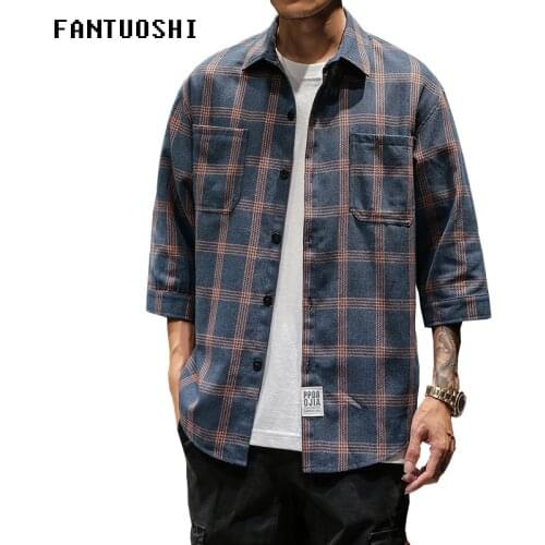 Mens shirts cotton 2019 New Summer Fashion Casual Plaid Shirt slim Mens 7-Sleeve Shirt Single-breasted lapel social shirt men