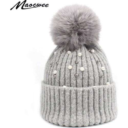 New Winter Pearl Beanie Hats For Women With Faux Fur Pompom Female Cap Knitted Soft Skullies Outdoor Thick Warm Beanies For Girl