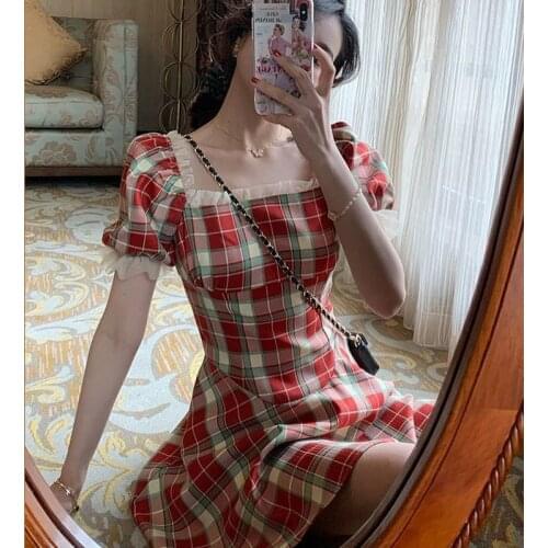 Red Plaid Puff Sleeve Dress Summer French Retro Women Short Sleeve Cottagecore Dress 2021 New Fashion Streetwear Elegant Clothes