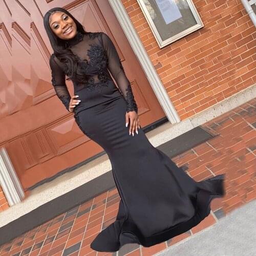 Latest Arrival 2021 African Black Mermaid Evening Dresses Long Sleeves High Neck Wedding Guest Gowns Lace Sweep Train On Sale