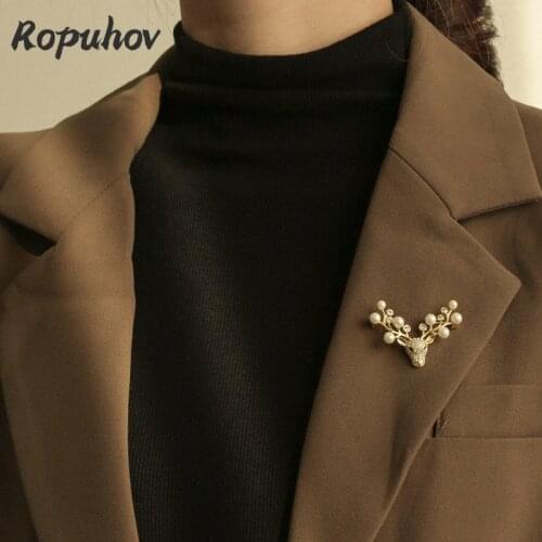ROPUHOV 2021 New Korean Trendy Jewelry Christmas Elk Pearl Brooch Female Personality Sweater Pin Accessories Personality Corsage