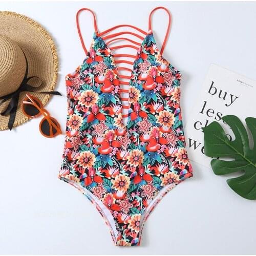 Sexy String V-Neck Brazilian One Piece Swimsuit Floral Bandage Swimwear High Waist Bathing Suit Women Push Up Bodysuit Monokini