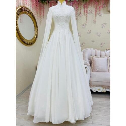 2021 Chiffon Appliques Beaded Muslim Wedding Dresses for Bride with Cape Long Sleeve Moroccan Caftan Wedding Bridal Gowns