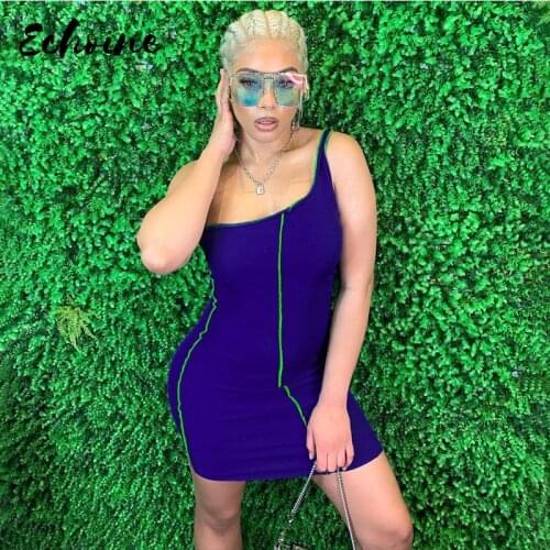 Echoine Sexy One-Shoulder Sleeveless Patchwork Sexy Mini Dress Autumn Winter Women Fashion Streetwear Outfits Nightclub Wear