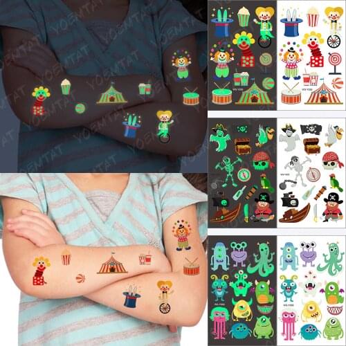 Luminous Glitter Tattoo Stickers Circus Clown Glow in the Dark Temporary Waterproof Festival Tatto Cute Kid Cartoon Fake Tatoo
