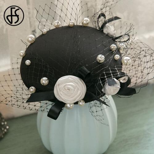 FS Black Fascinator Hats For Women 2021 White Pearls Big Flower Fedora Pillbox Hats Wedding Church Cocktail Party Derby Hat
