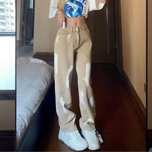 Design sense retro high street paint tie-dye washed gradient denim trousers womens high waist loose straight casual pants trend