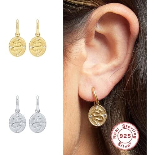 GS 925 Sterling Silver Oval Disc Dangle Earrings for Women Girls Charm Punk Snake Statement Drop Earrings Jewelry pendientes
