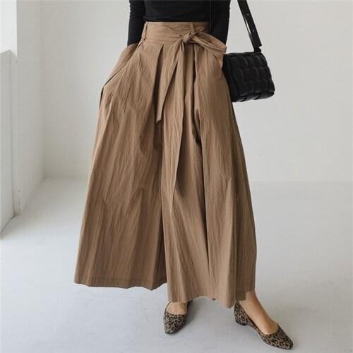 Johnature New Korean Elastic Waist Tie Wide Leg Women Pants 2021 Spring Summer Ankle-length Pockets Female Pants